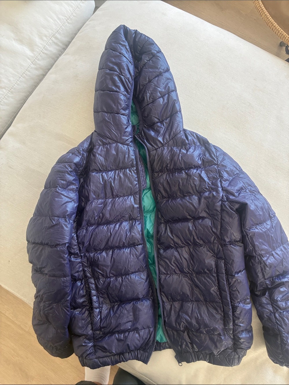 Kids Hooded Puffer Jacket - Navy with Green Lining